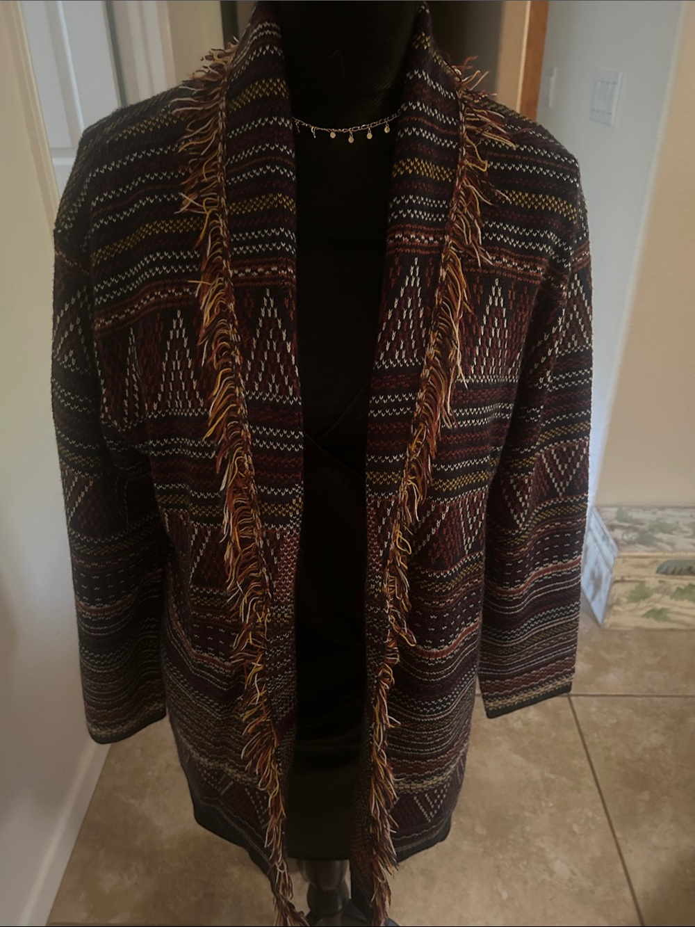 Fringe-Trim Burgundy Patterned Open Blazer
